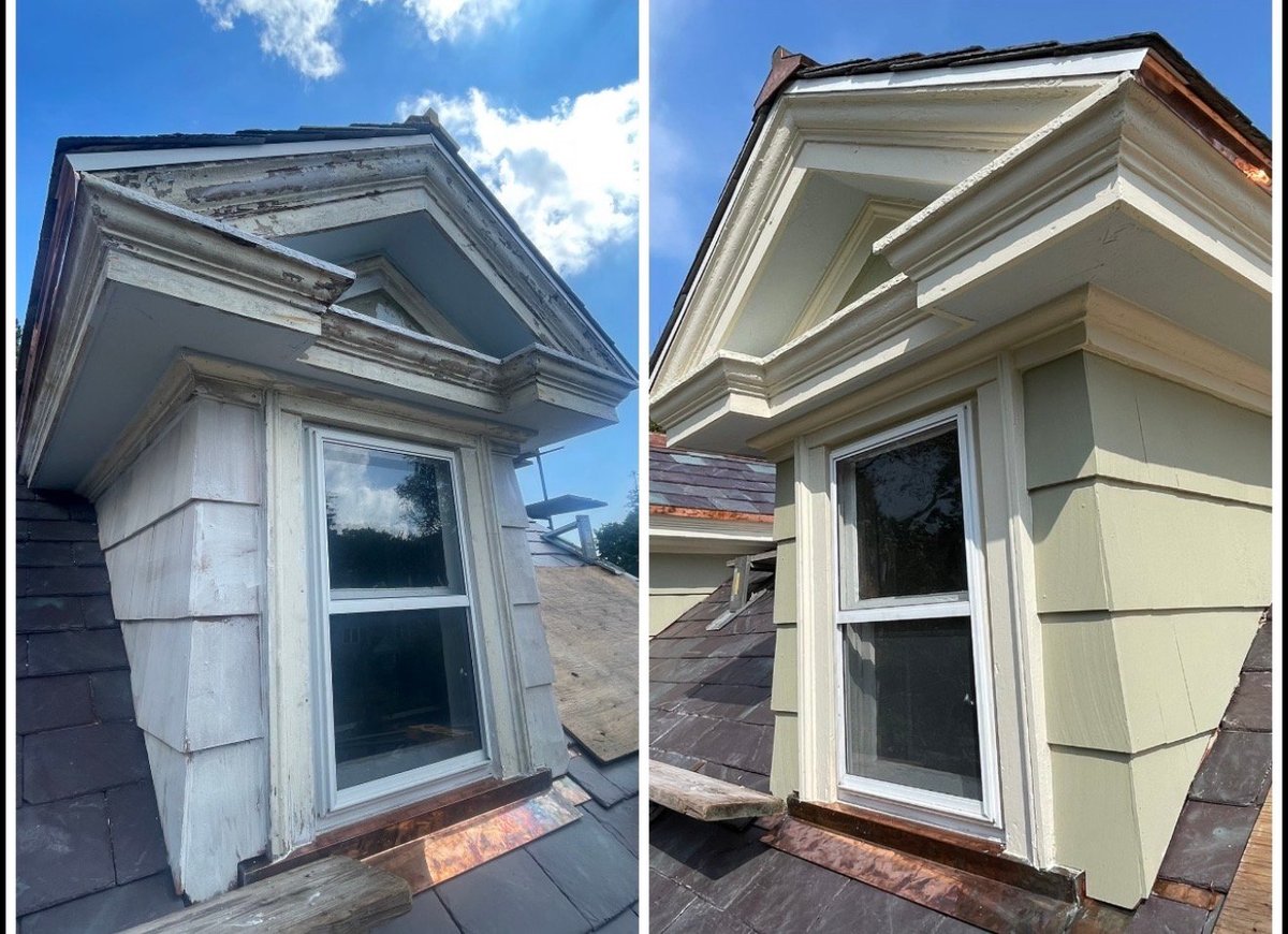 Before and after comparison of roof dormer renovation, showing weathered structure on left and newly restored dormer with fresh paint on right