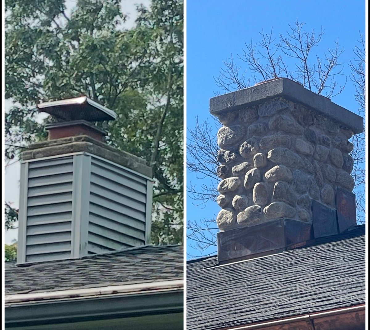 Two roof cupolas: left shows white louvered ventilation structure with peaked roof among green foliage; right shows ornate stone chimney with decorative details against blue sky