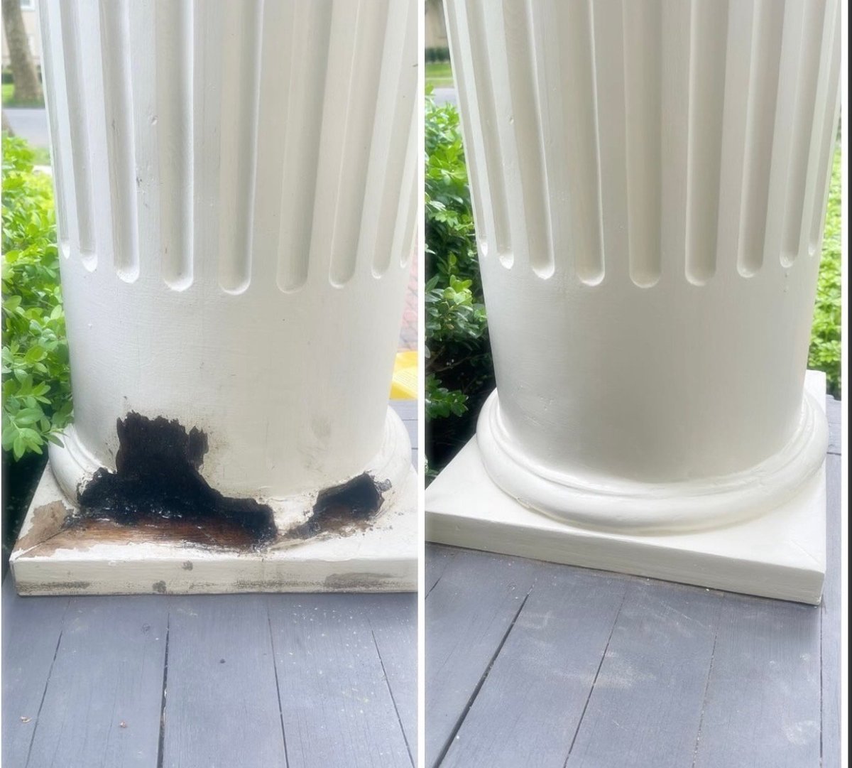 Before and after comparison of a white cylindrical planter base cleaned from moldy residue, showing the cleaning results side by side