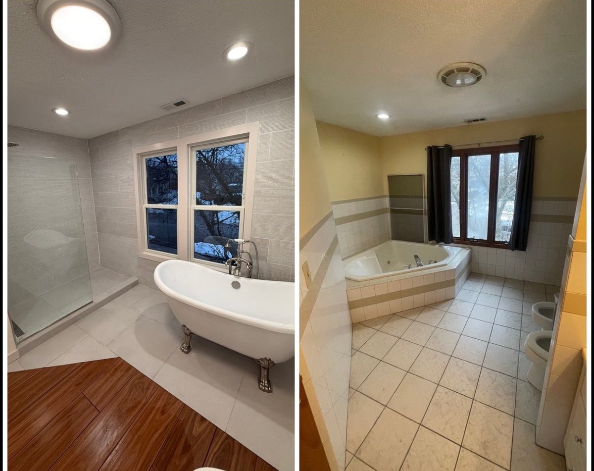 Side-by-side bathroom comparison showing modern spa-style bathroom on left with soaking tub and wood floors, and traditional bathroom on right with white tiled flooring and separate fixtures