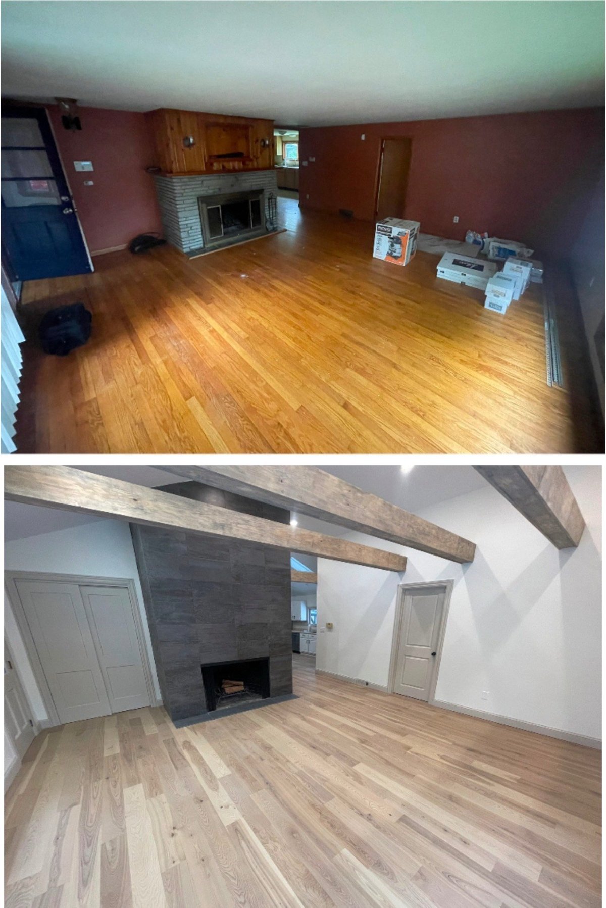 Two interior room photos showing wooden flooring, brick fireplace, kitchen cabinetry, and exposed ceiling beams in different stages of renovation