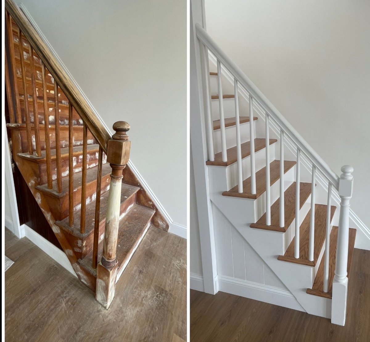 Before and after comparison of a staircase renovation showing dark wood railing transformed to white with updated finishes